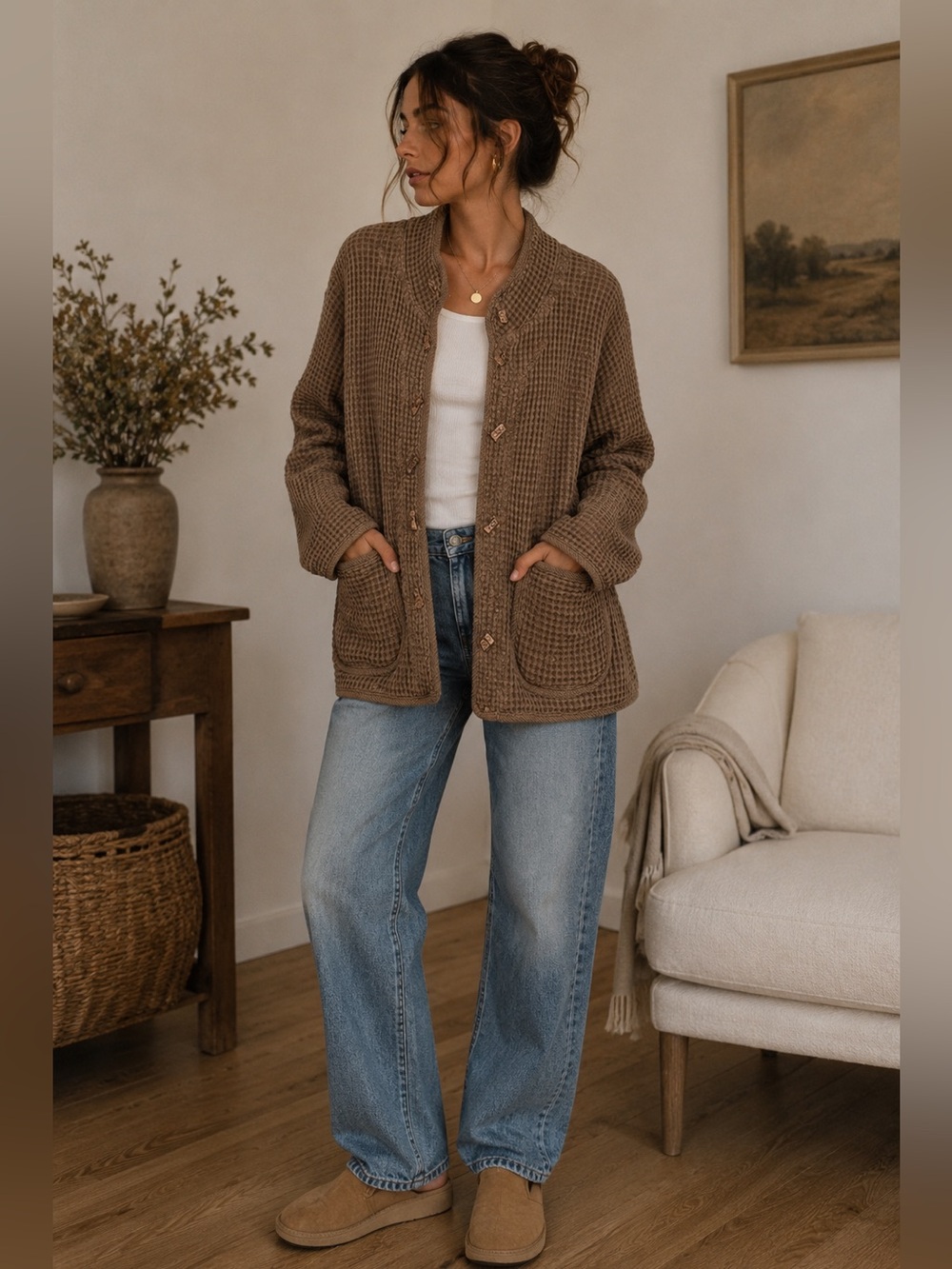 Vintage Waffle Knit Overshirt Jacket Taupe Textured Cottagecore Boho Pockets L